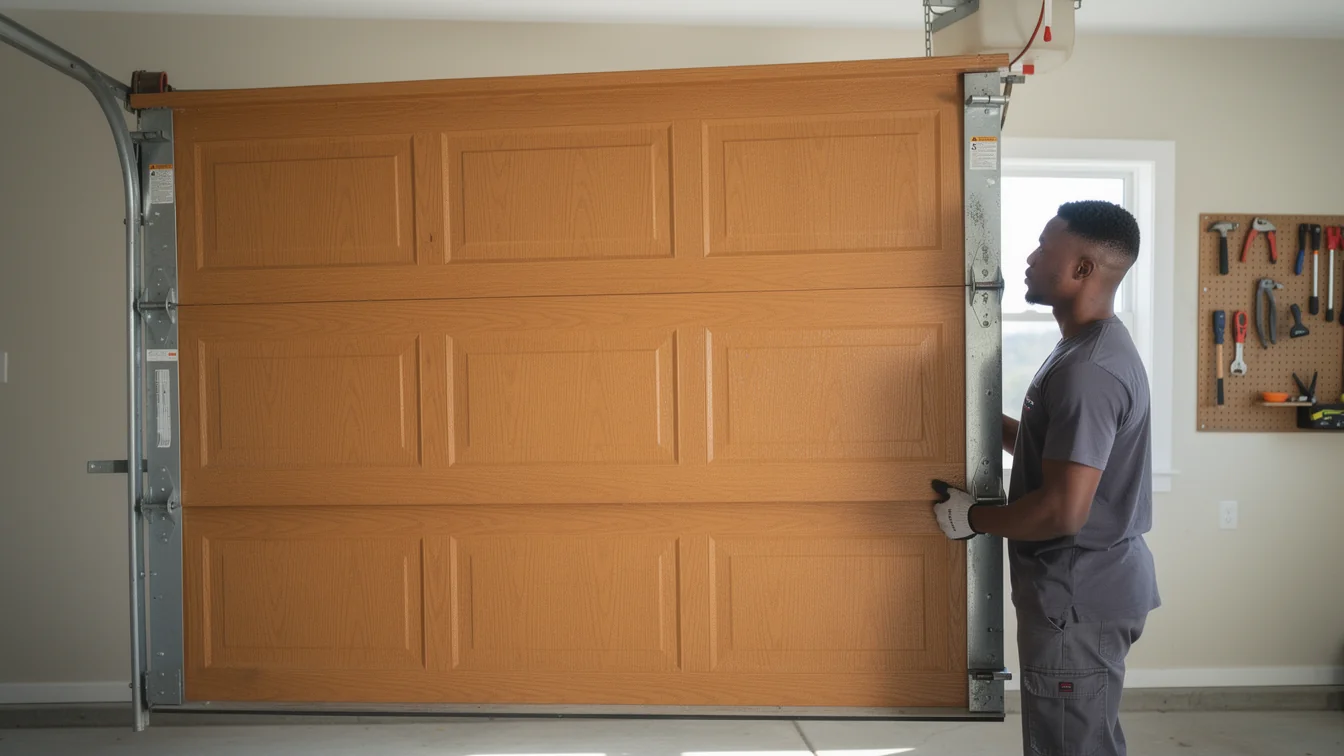 A technician in a gray shirt is installing a light brown garage door.