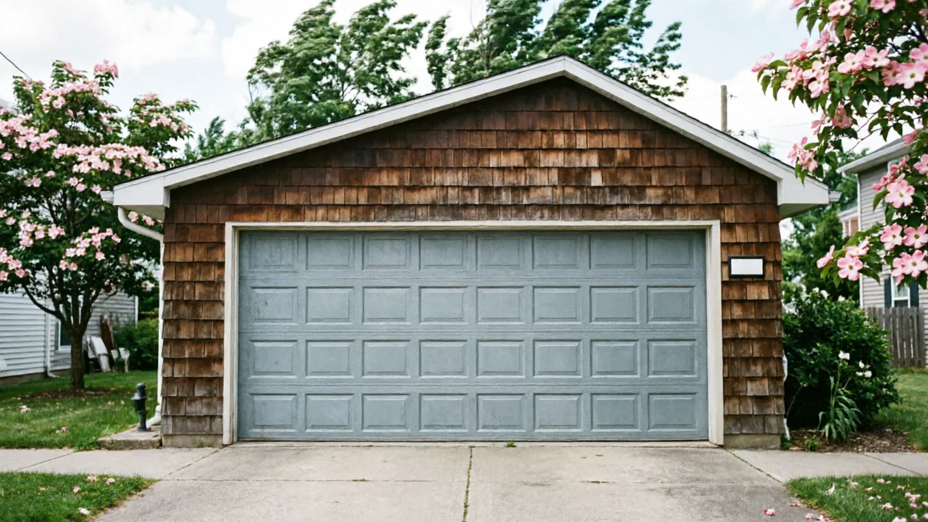 A gray garage door is on a garage with brown shingle siding.