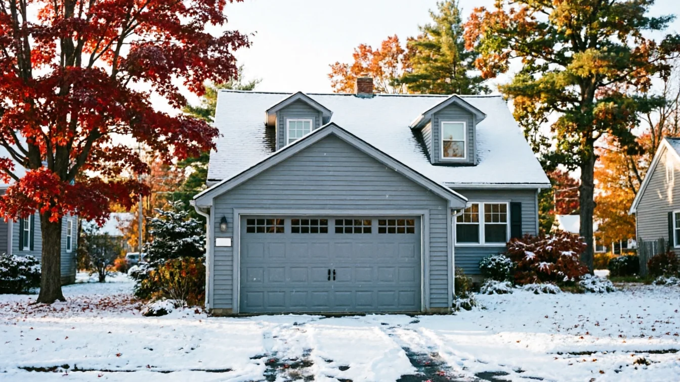 A gray house with a gray garage door and a snow-covered roof and driveway.