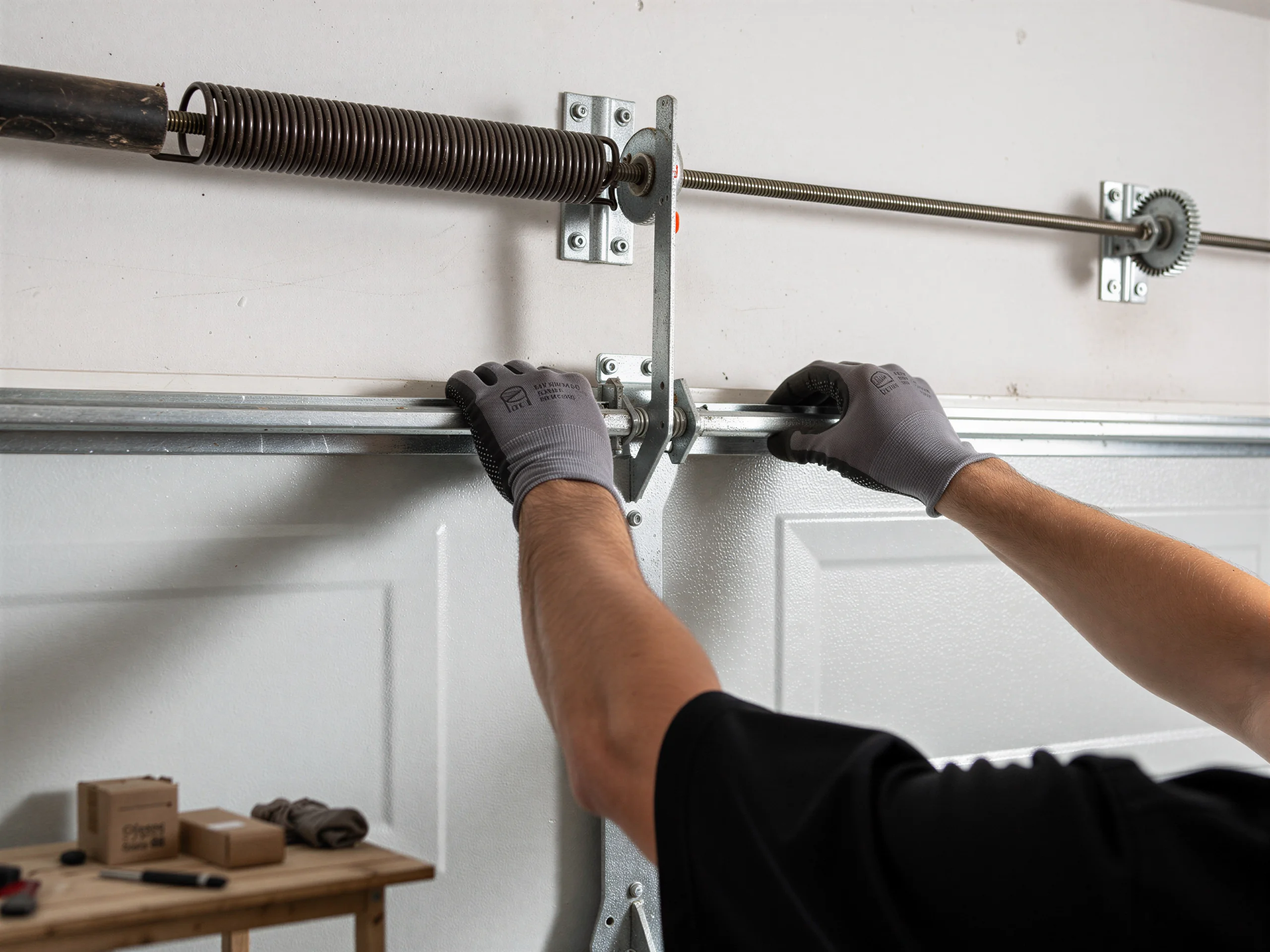 A technician wearing gloves adjusts the top panel of a white garage door.