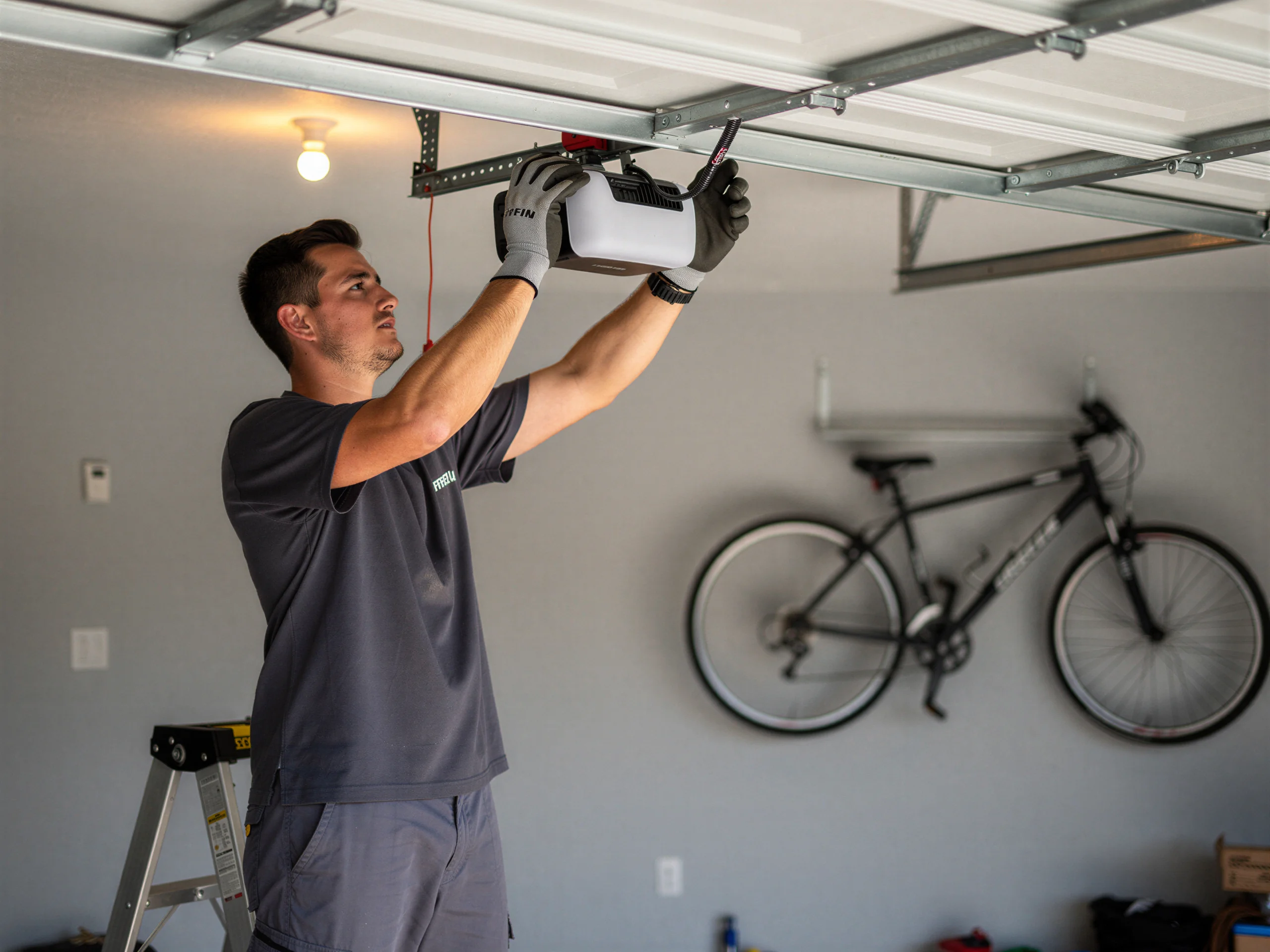 A technician installs a garage door opener in a garage.