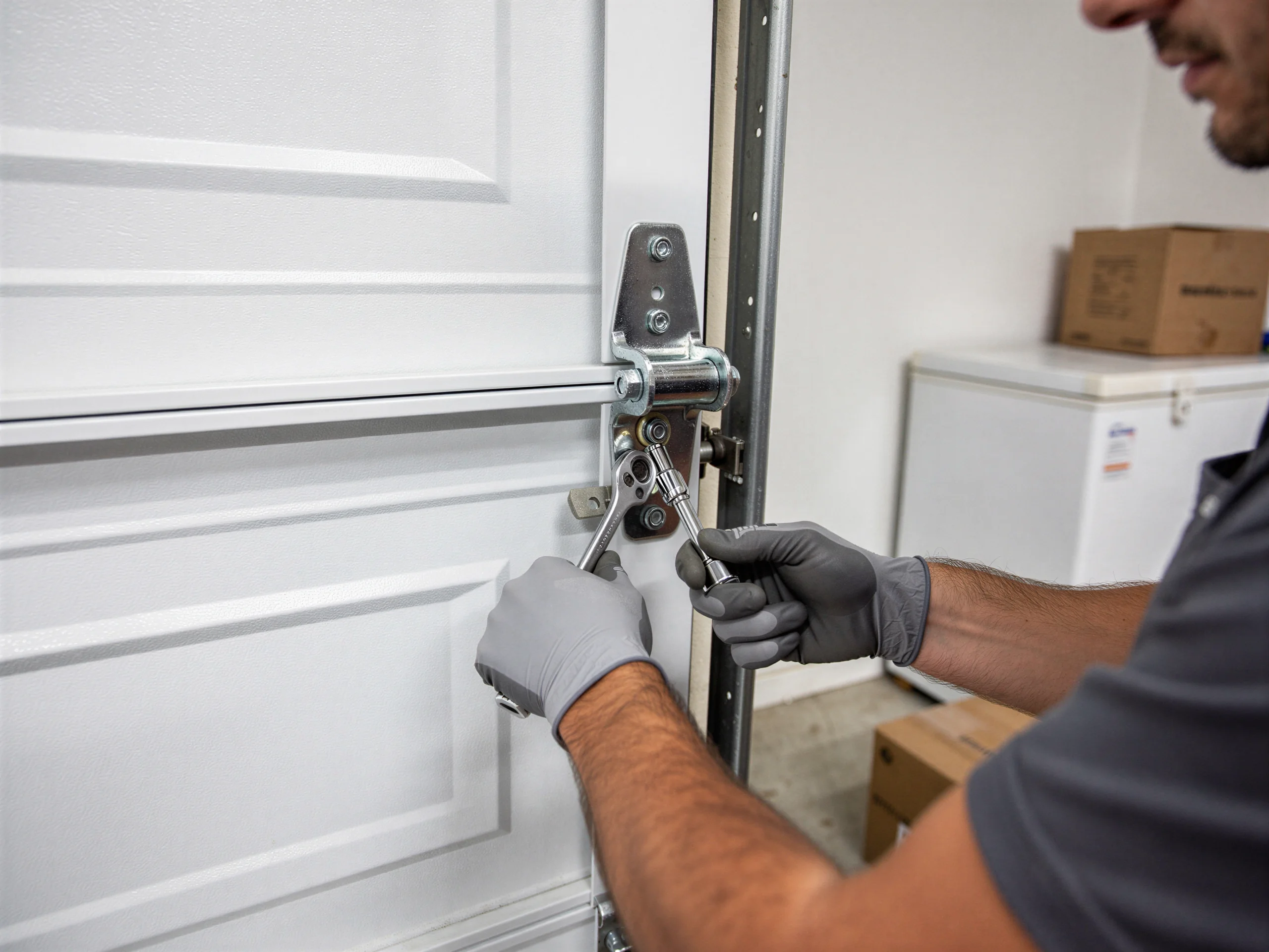 A technician tightens a garage door hinge with a wrench.