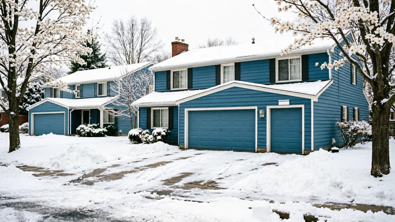 Two blue houses with blue garage doors are covered in snow.