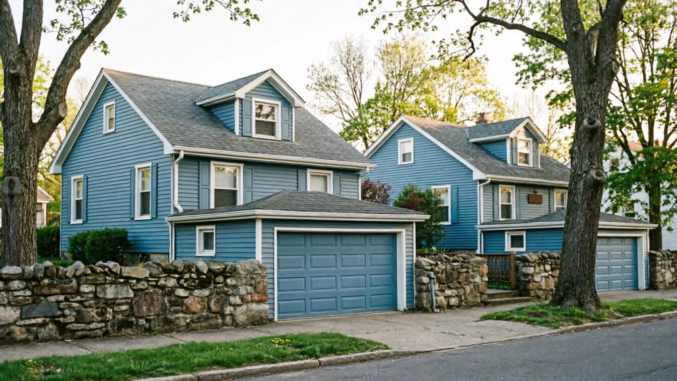 Two blue houses with attached garages and blue garage doors are behind a stone wall.