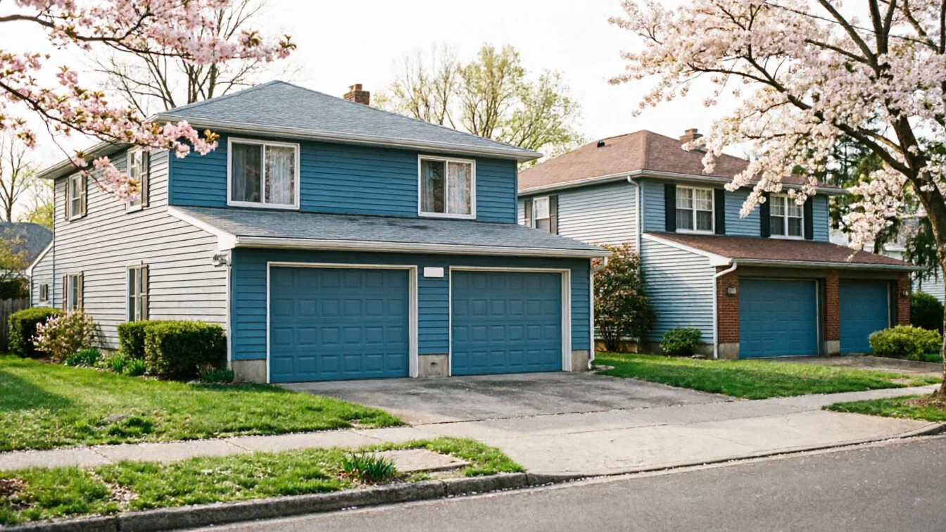 Two blue houses with blue garage doors are visible from the street.