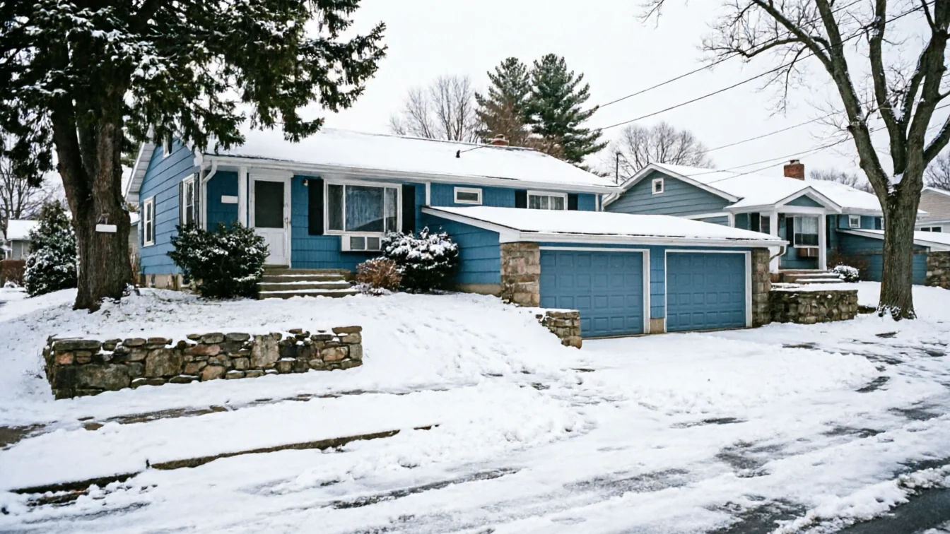 A blue house with two blue garage doors is covered in snow.